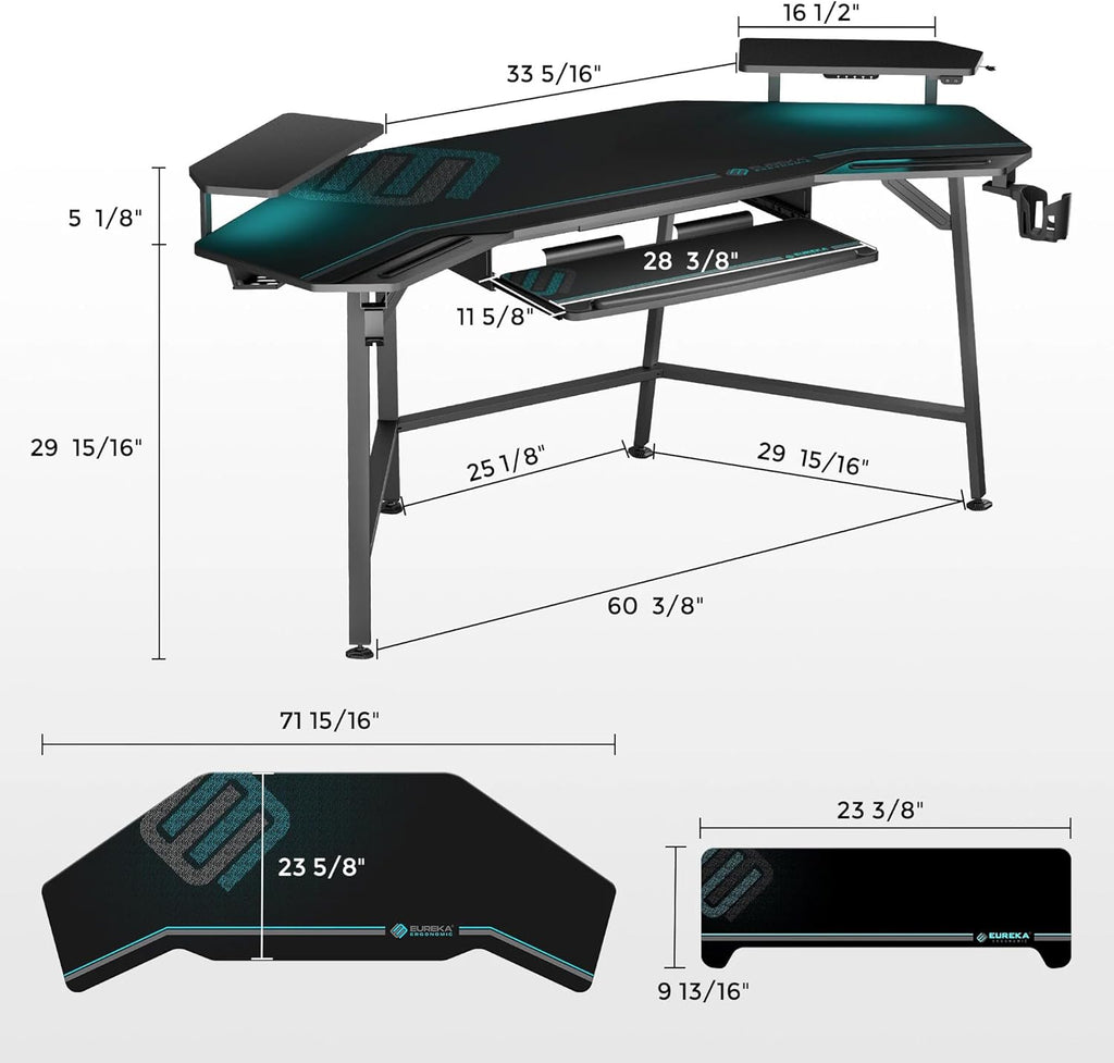 EUREKA ERGONOMIC Aero 72 Inch Gaming Desk with Keyboard Tray, Large Computer Desk Led Lights, Wing-Shaped Monitor Stand Dual Headphone Hanger Cup Holder for Studio,Streamer,Live,Black