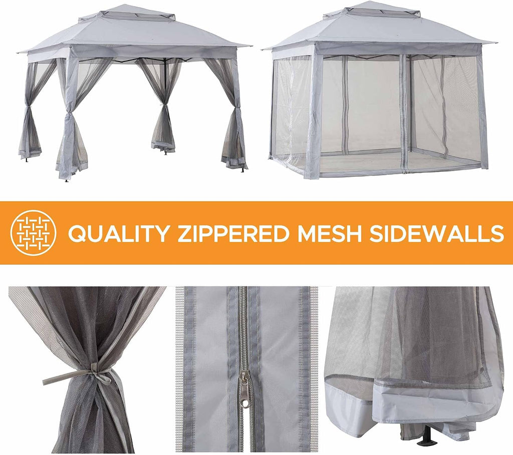 SUNJOY 11x11 ft. Pop-Up Instant Gazebo, Outdoor Portable Steel Frame 2-Tier Top Canopy/Tent with Netting and Carry Bag, Gray
