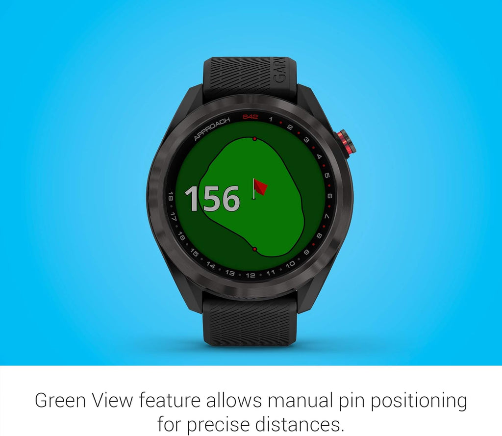 Garmin Approach S42, GPS Golf Smartwatch, Lightweight with 1.2' Touchscreen, 42k+ Preloaded Courses, Gunmetal Ceramic Bezel and Black Silicone Band, 010-02572-10