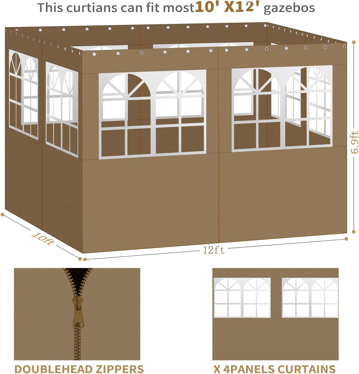 Gazebo Privacy Curtains 10' x 12' with PVC Windows, 4-Panels Side Wall with Zipper Universal Replacement for Patio, Outdoor Canopy, Garden and Backyard