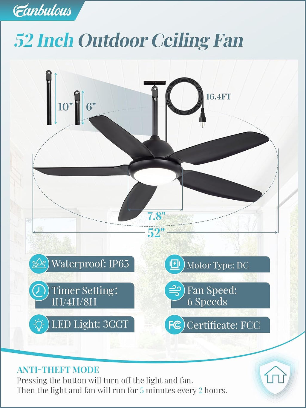 Fanbulous 52 Inch Waterproof Outdoor Ceiling Fan with Lights and Remote,IP65 Hanging Gazebo Fan with 3CCT 6-Speed DC Motor,Black Wet Rated Plug in Ceiling Fan with Cord for Patios Porch Pergola