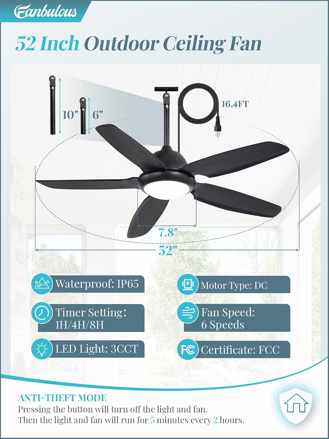 Fanbulous 52 Inch Waterproof Outdoor Ceiling Fan with Lights and Remote,IP65 Hanging Gazebo Fan with 3CCT 6-Speed DC Motor,Black Wet Rated Plug in Ceiling Fan with Cord for Patios Porch Pergola