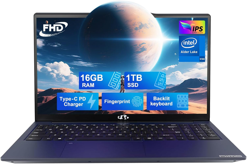 NIMO 15.6 IPS-FHD-Laptop, 16GB RAM 1TB SSD Intel Pentium Quad Core N100, Backlit Keyboard Fingerprint (Beat to i3-1115G4 Up to 3.4GHz) Computer for Student-Home WiFi 6 BT5.2 Win 11