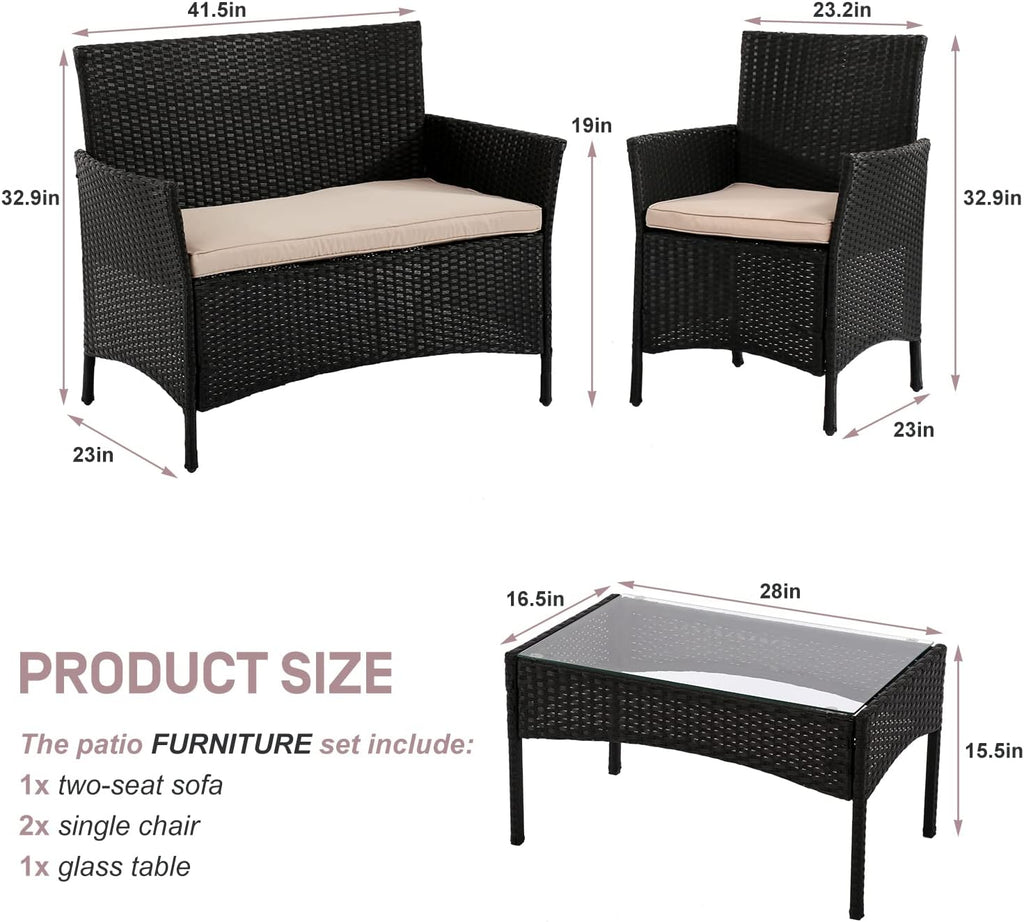 Patio Furniture Set Conversation Chairs, 4 Pieces Wicker Patio Set Outdoor Patio Seating Rattan Patio Sofa with Table for Balcony Backyard Front Porch Decor, Conversation Set with Cushion Seat, Black
