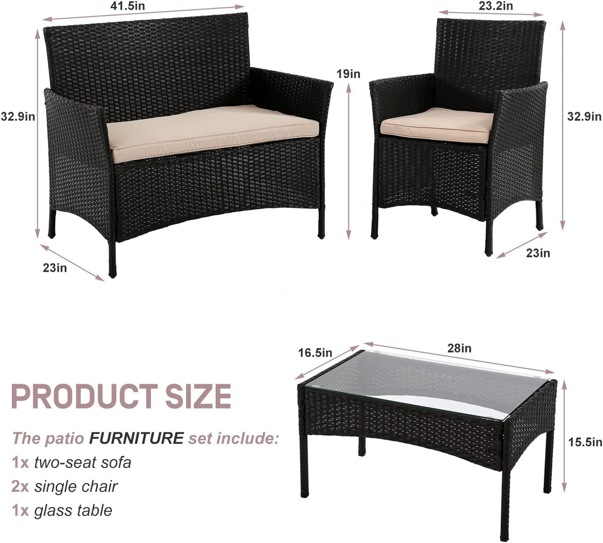 Patio Furniture Set Conversation Chairs, 4 Pieces Wicker Patio Set Outdoor Patio Seating Rattan Patio Sofa with Table for Balcony Backyard Front Porch Decor, Conversation Set with Cushion Seat, Black