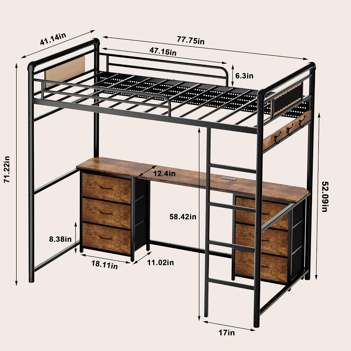 Loft Bed with Desk, Gaming Bunk Bed with Stairs, Twin Metal Loft Bed Heavy Duty Loft Beds for Adults, 6 Fabric Drawers, LED Lights & Charging Sation, No Noise & No Box Spring Needed, Brown
