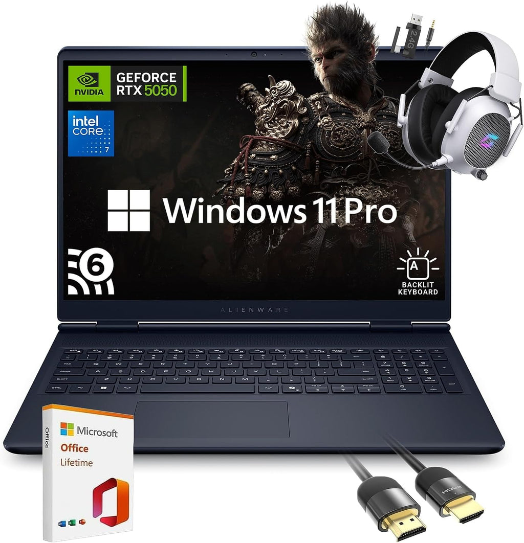 Dell Alienware 16 Aurora Gaming Laptop AC16250, 16' WQXGA Display, NVIDIA GeForce RTX 5050, Intel Core 7-240H, 16GB RAM, 1TB SSD, Backlit Keyboard, with Assy Office Lifetime, Wins 11 Pro