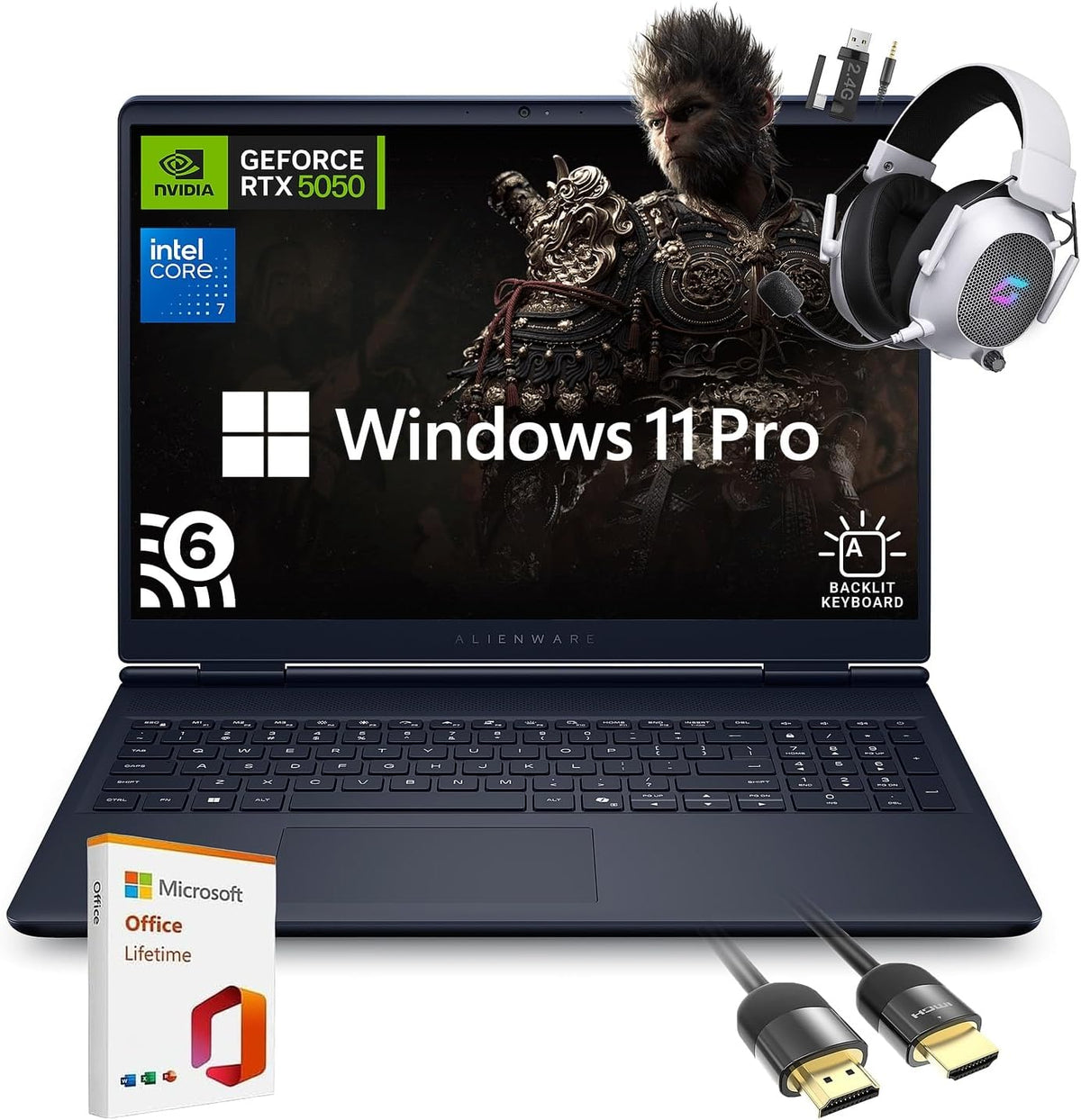 Dell Alienware 16 Aurora Gaming Laptop AC16250, 16' WQXGA Display, NVIDIA GeForce RTX 5050, Intel Core 7-240H, 16GB RAM, 1TB SSD, Backlit Keyboard, with Assy Office Lifetime, Wins 11 Pro