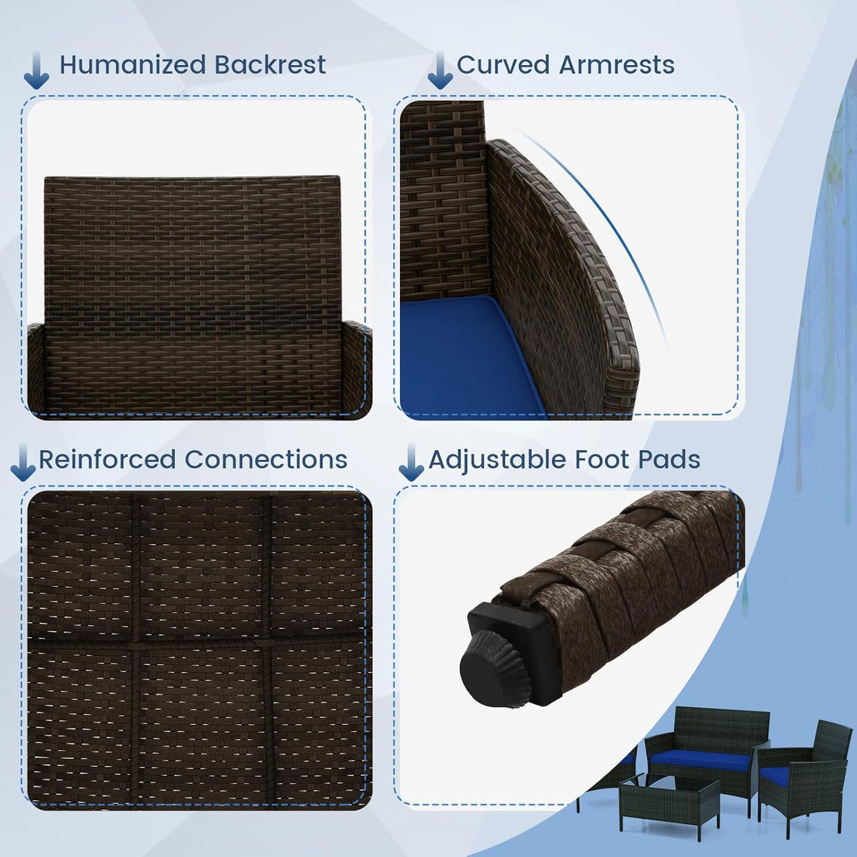 DORTALA Wicker Patio Furniture Set 4 Piece, Outdoor PE Rattan Table & Chairs Set with Tempered Glass Coffee Table, Loveseat, Cushions, Conversation Set for Balcony, Porch, Backyard, Deck, Navy