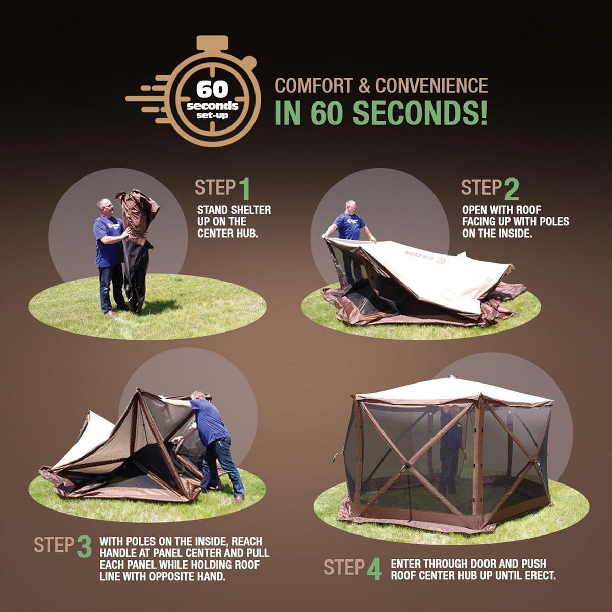 CLAM Quick-Set Pop Up Screen Tent, Pavilion, 12.5 ft, Instant Setup Brown Large Outdoor Gazebo Canopy Shelter, Spacious 8-Person Bug-Free Tent for Parties, Backyard, Camping, Events - Brown