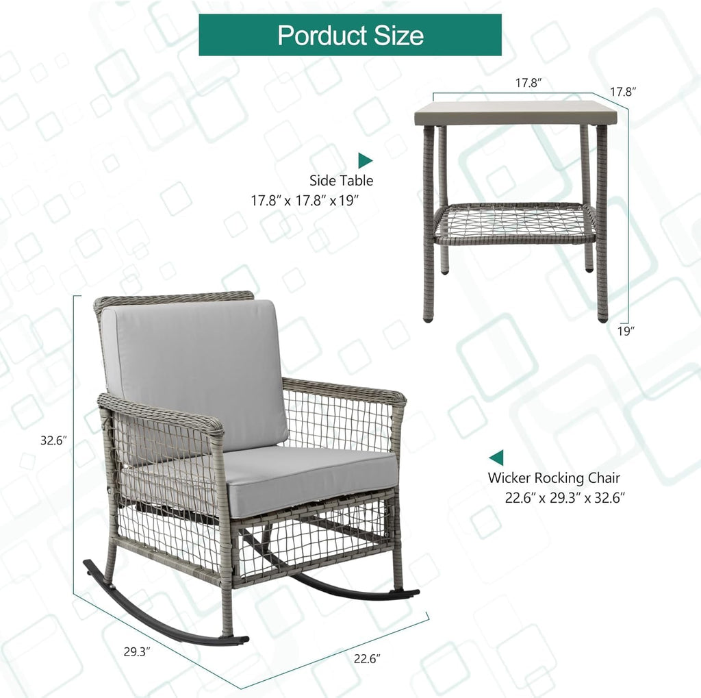 DECMICO 3-Piece Wicker Rocking Chair Set, Patio Bistro Furniture with Cushions & Side Table, Rattan Outdoor Conversation Bistro Set for Outdoor Use, Grey