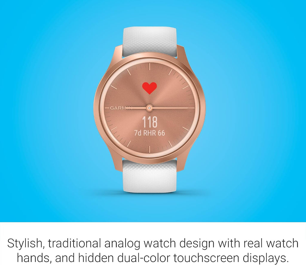 Garmin vivomove Style, Hybrid Smartwatch with Real Watch Hands and Hidden Color Touchscreen Displays, Rose Gold with White Silicone Band
