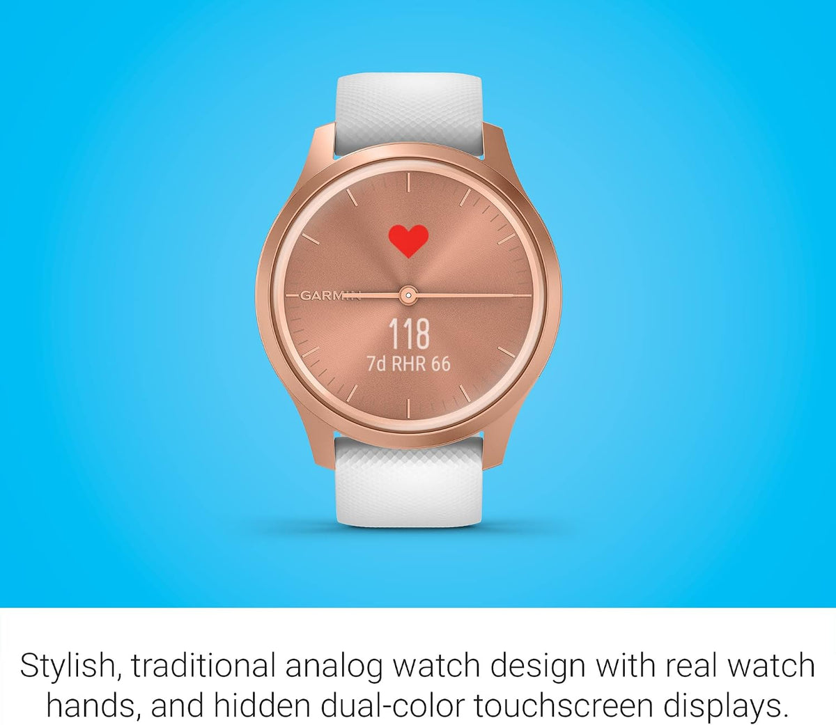 Garmin vivomove Style, Hybrid Smartwatch with Real Watch Hands and Hidden Color Touchscreen Displays, Rose Gold with White Silicone Band