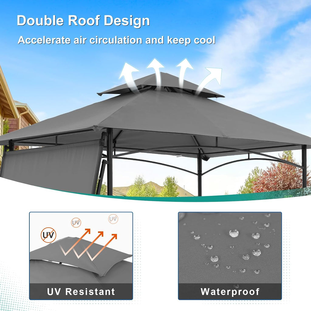 COBANA Grill Gazebo 8'x 5' Outdoor Patio Backyard BBQ Grill Shelter with Side Awning, Double Tiered Soft Canopy Top with Steel Frame and Bar Counters, Gray