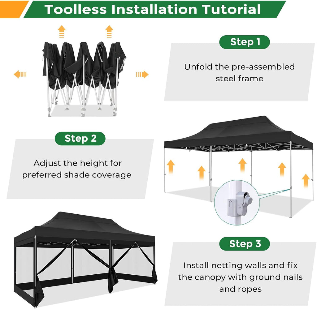 COBIZI 10x20 Heavy Duty Pop Up Canopy Tent with 6 Sidewalls, Easy Set Up Outdoor Waterproof Screen Commercial Party Tent with Mosquito Netting for Parties Backyard Patio, Roller Bag, Black