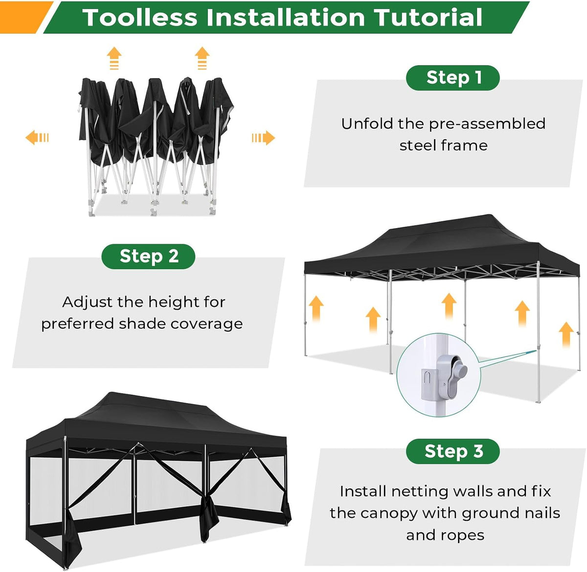 COBIZI 10x20 Heavy Duty Pop Up Canopy Tent with 6 Sidewalls, Easy Set Up Outdoor Waterproof Screen Commercial Party Tent with Mosquito Netting for Parties Backyard Patio, Roller Bag, Black