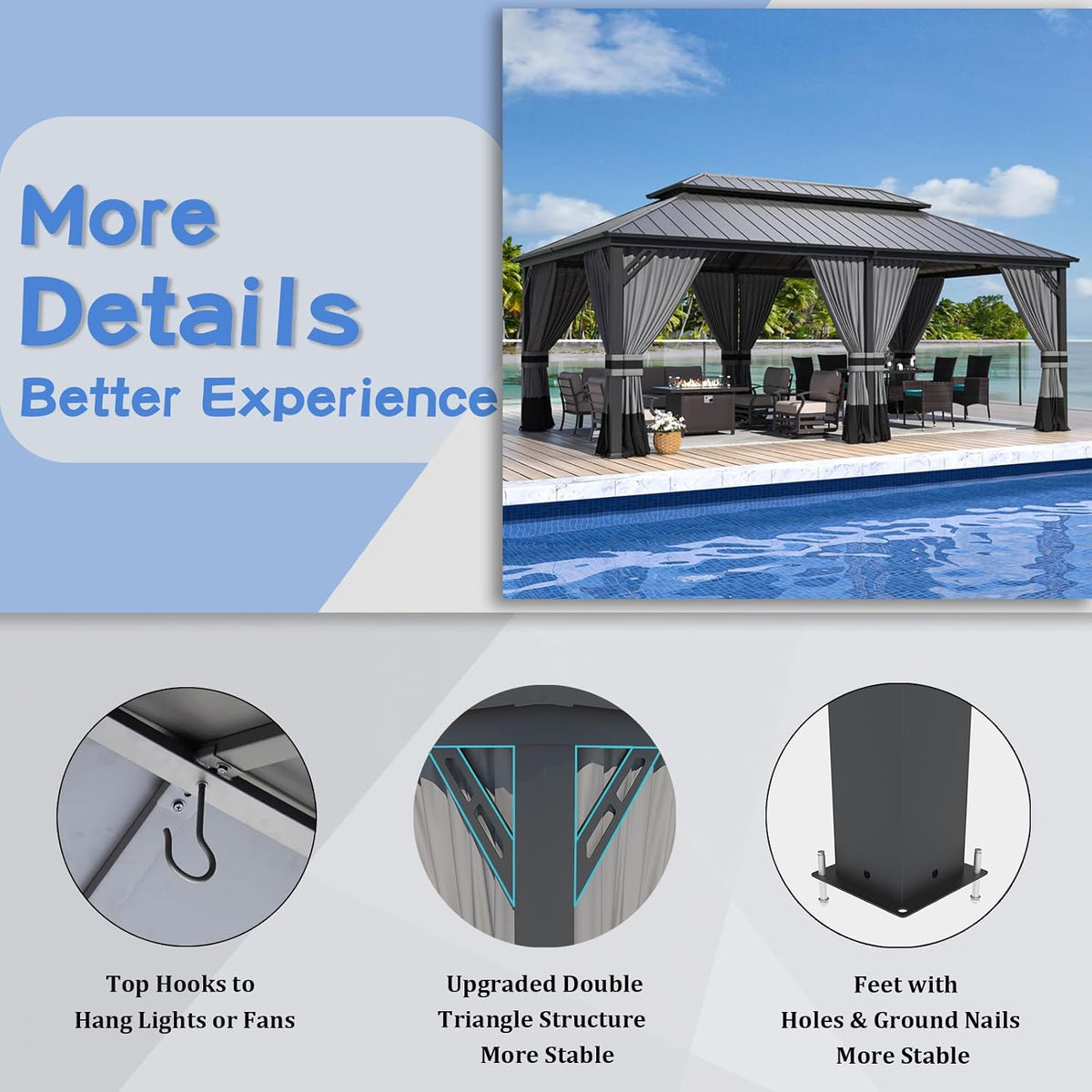 ALAULM 12'x20' Hardtop Gazebo, Outdoor Double Roof Canopy with Netting and Curtains, Galvanized Metal Frame, Sunshade for Patio, Backyard, Deck and Lawns-Gray