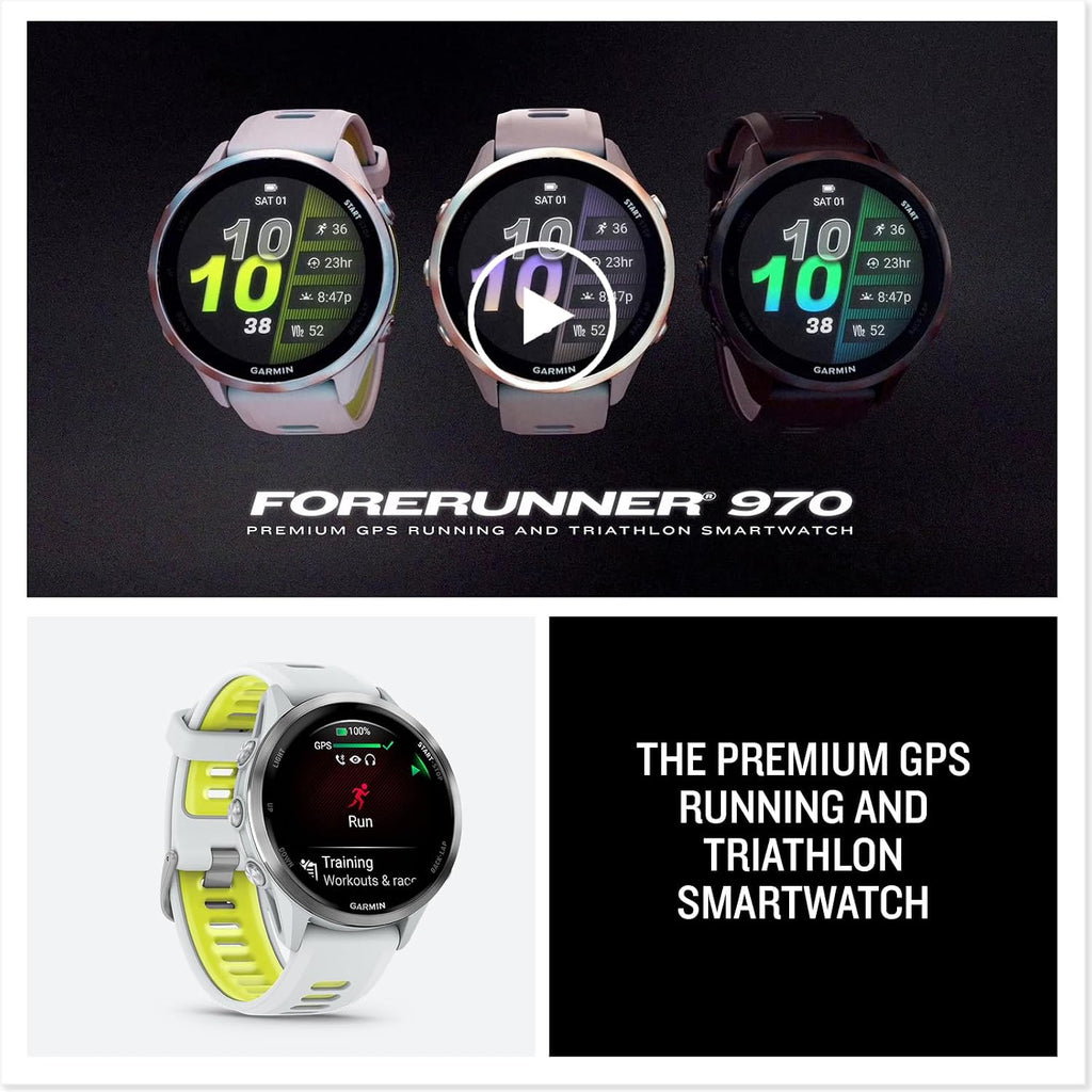 Garmin® Forerunner® 970, Premium GPS Running and Triathlon Smartwatch, AMOLED Display, Built-in LED Flashlight, Titanium with Whitestone Case and Whitestone/Translucent Amp Yellow Band