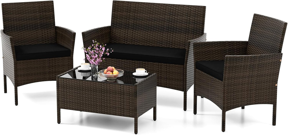 HAPPYGRILL 4 Pieces Outdoor Rattan Conversation Set, Patio Wicker Furniture Set with Loveseat Chairs & Tempered Glass Coffee Table, Outside Sectional Sofa Set for Backyard Garden & Poolside
