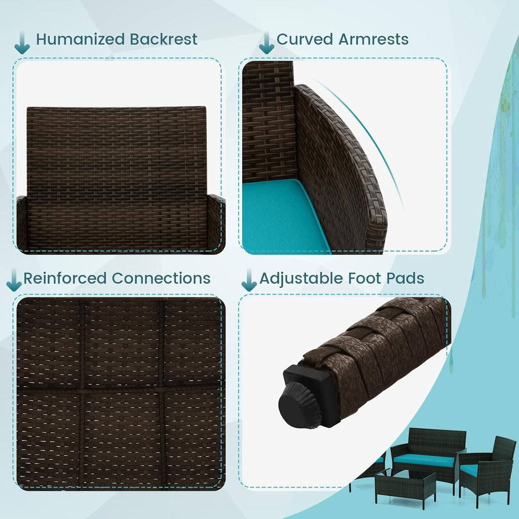 DORTALA Wicker Patio Furniture Set 4 Piece, Outdoor PE Rattan Table & Chairs Set with Tempered Glass Coffee Table, Loveseat, Cushions, Conversation Set for Balcony, Porch, Backyard, Deck, Turquoise