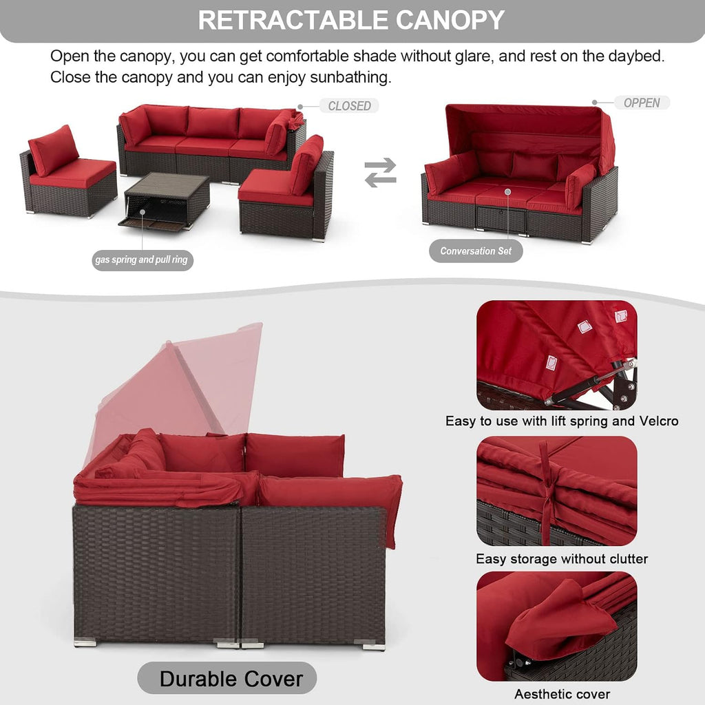 6 Pieces Patio Conversation Sets, Rectangle Wicker Daybed with Canopy, Adjustable Backrest, Storable Tea Table, Outdoor Sunbed for Backyard Garden Poolside(Wine Red)
