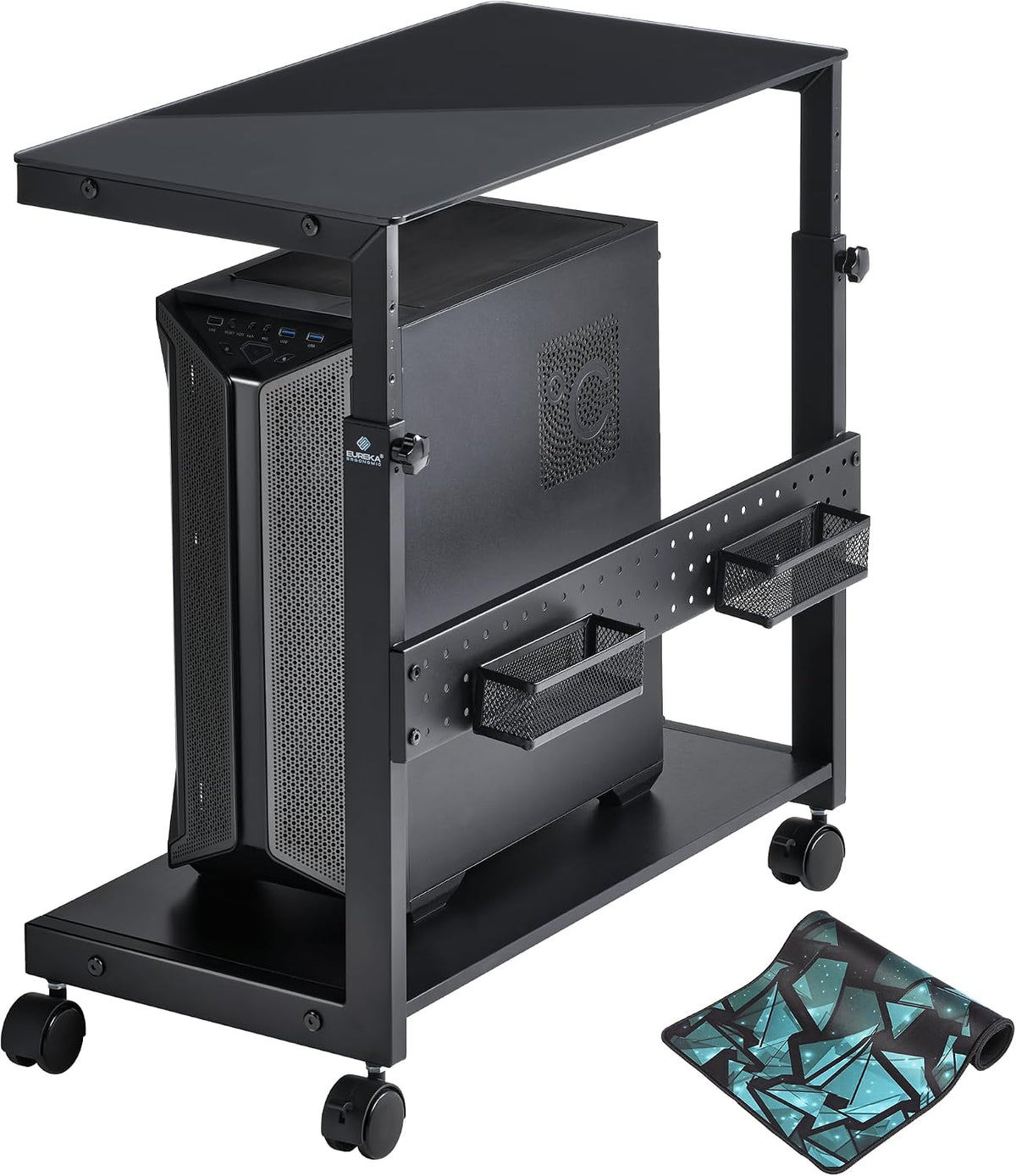 EUREKA ERGONOMIC PC Stand Computer Cart Frosted Glass, Height Adjustable Tower Stand 2-Tier Suit for ATX Case Printer, Metal Rolling Cart on Wheels for Gaming Home Office, Black