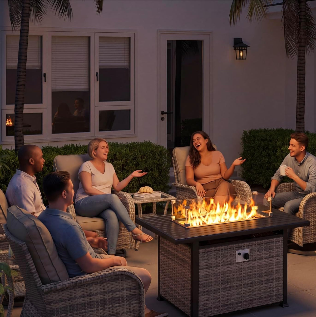 7Pcs Patio Rocking Swivel Chair with 55,000 BTU Fire Pit Table Outdoor Wicker Rattan Bistro Set with Tempered Glass Side Table, Outdoor Patio Furniture Set for Garden and Balcony, Dark Grey