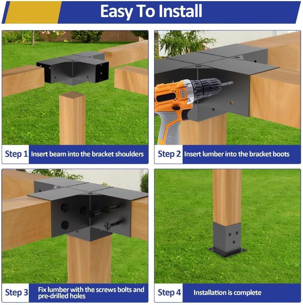 JEXALINE Pergola Kit for 4'x4' Lumber, Heavy Duty Pergola Brackets with 3-Way & 4-Way Corner Brackets, DIY Gazebo Kit for Outdoor Patio Backyard Garden, Fits Actual 3.6' x 3.6' Wood