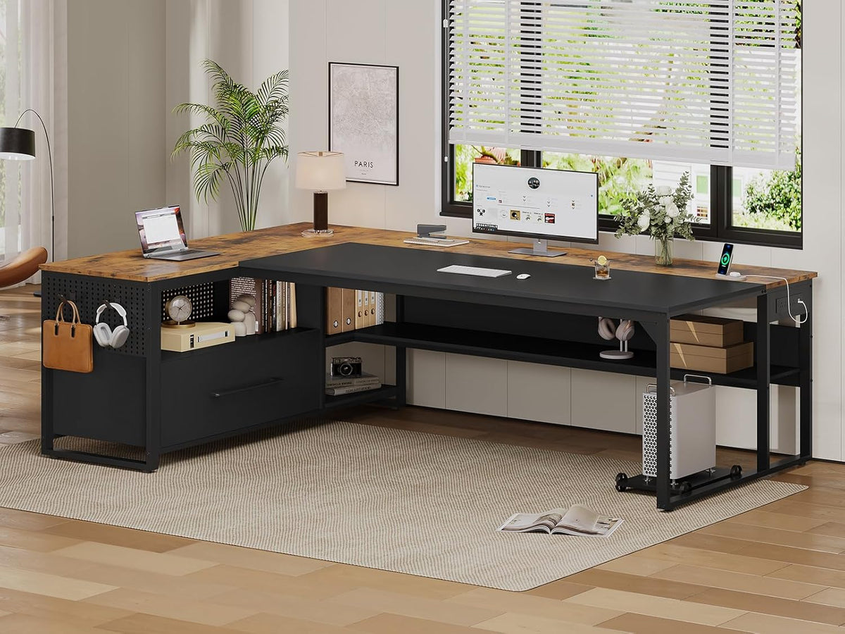 UPOSOJA 71' Executive Desk, Large Office Desk with Widen File Drawers & Power Outlets, Reversible L Shaped Computer Desk Corner Desk with Storage Shelves, CPU Stand, Hooks, Business Furniture