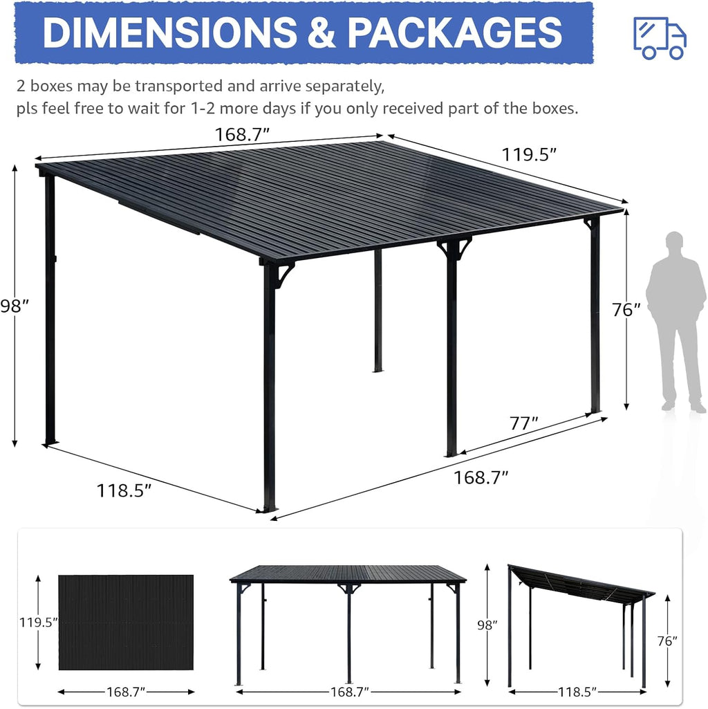 SUNSITT 10 * 10FT Outdoor Gazebo, Lean to Gazebo Pergola w/Drainage Holes, Wall-Mounted Gazebos with Galvanized Iron Hard Top Awnings for Yard, Dark Grey