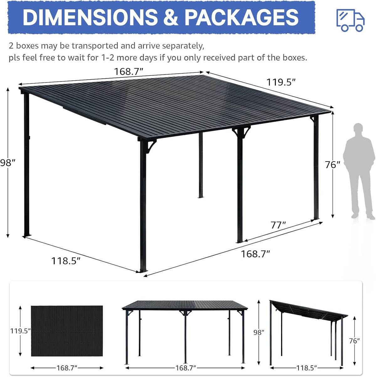 SUNSITT 10 * 14FT Outdoor Gazebo, Lean to Gazebo Pergola w/Drainage Holes, Wall-Mounted Gazebos with Galvanized Iron Hard Top Awnings for Yard, Dark Grey