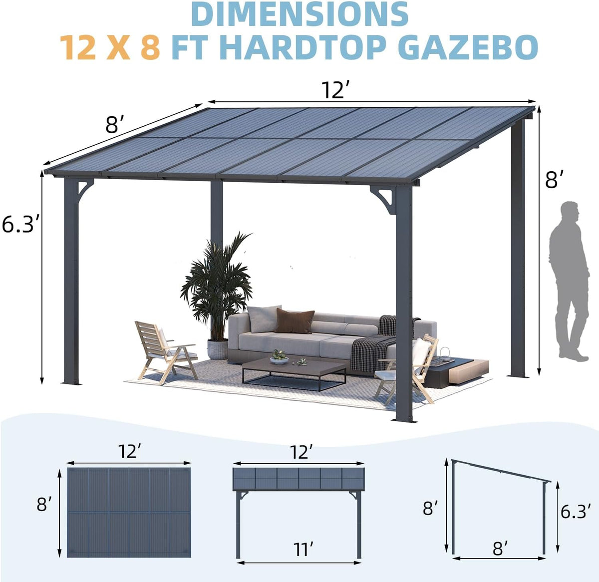 AECOJOY 12' x 8' Gazebo Outdoor Pergola for Patio, 8'x12' Hard Top Lean to Pergolas and Gazebos Clearance with Patio Roof Shelter, Large Wall-Mounted Heavy Duty Awnings for Decks, Backyard