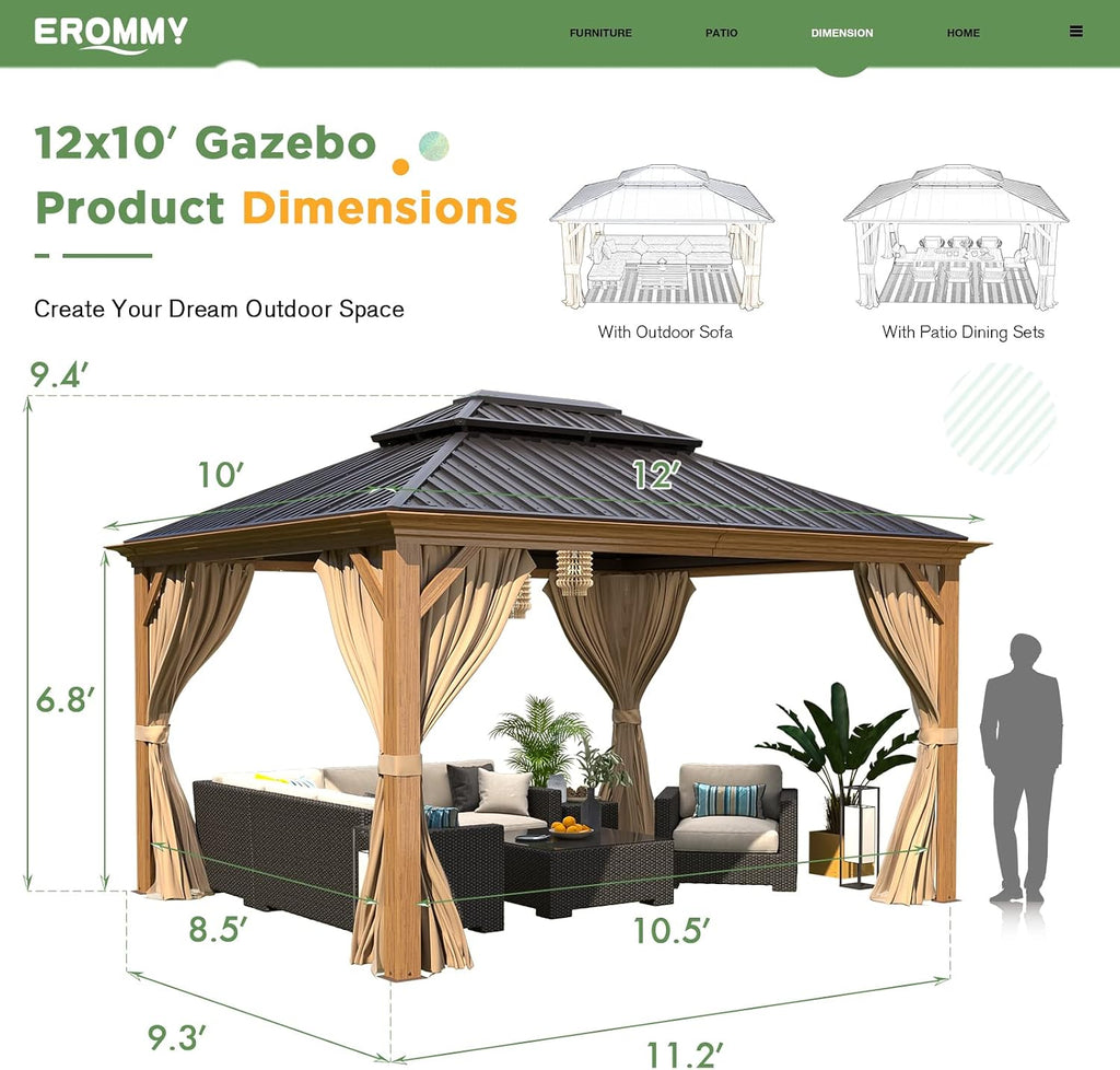 EROMMY 10'x12' Gazebo, Wood Grain Aluminum Frame Canopy with Double Galvanized Steel Hardtop Roof, Outdoor Permanent Metal Pavilion with Curtains and Nettings for Patio, Backyard and Deck