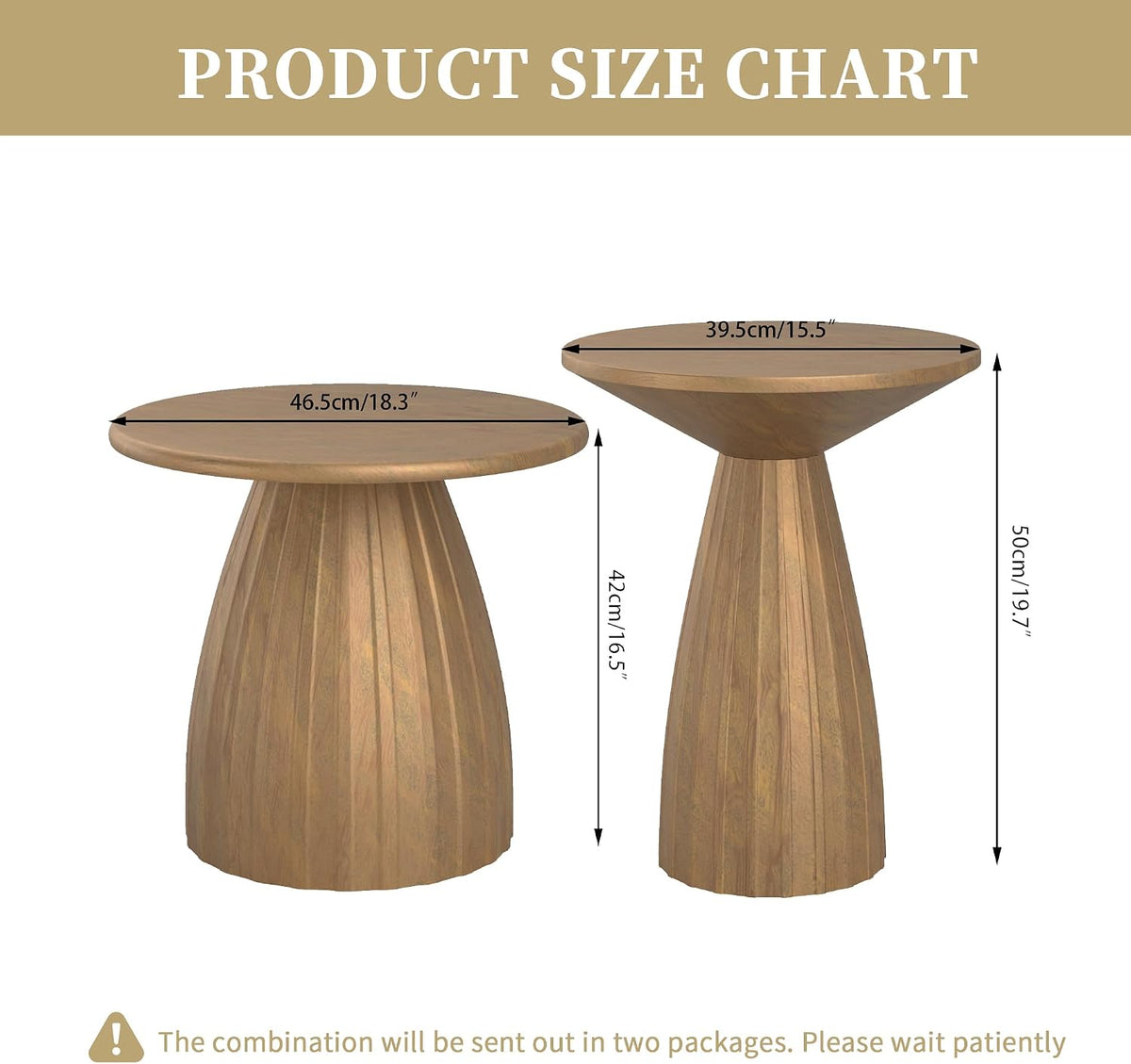Round Small Patio Side Table Set of 2, Patio Furniture Accent End Table, Metal Steel Outdoor Side Table, for Garden, Pool, Yard, Balcony, Living Room, Deck, Weather Resistant, No Assembly, Wood Color