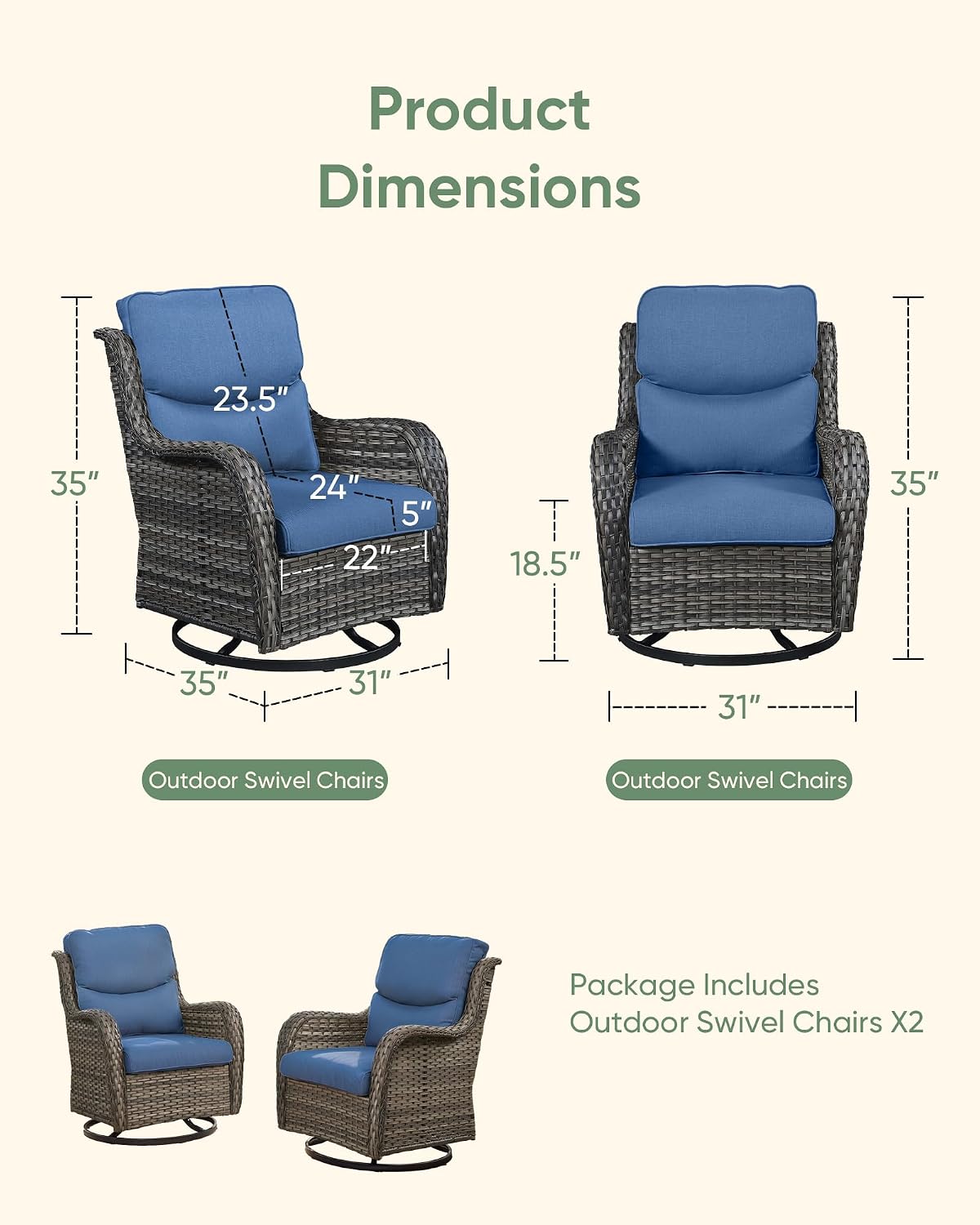 HUMMUH High Back Outdoor Swivel Rocker Patio Chairs Set of 2 with 5-Inch Thick Cushions, All-Weather Wicker Patio Furniture for Porch,Poolside, Deck, and Yard (with Cover)