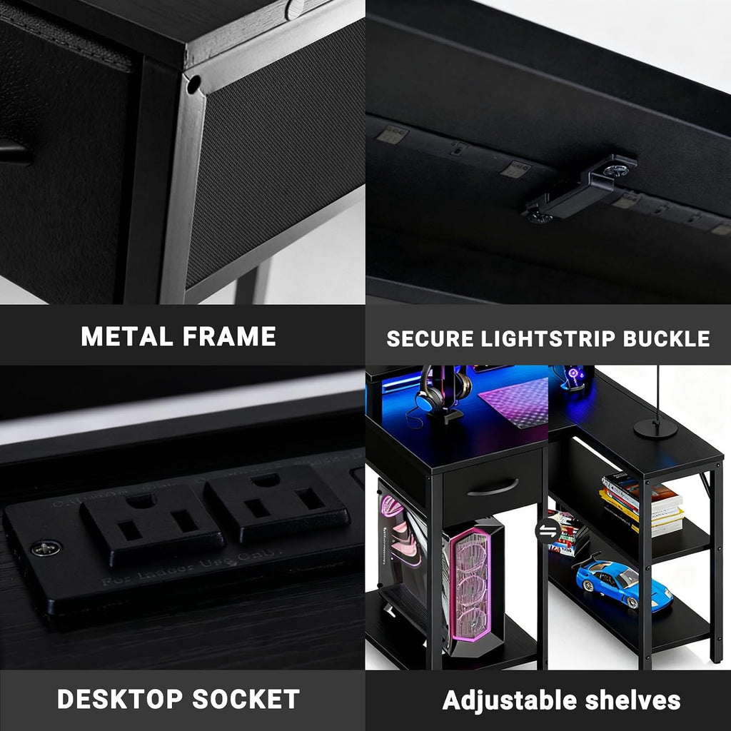 Simple Deluxe 53-inch L-Shaped Gaming Desk with LED Lights & Power Outlets, Reversible Corner Computer Desk with Monitor Riser, Drawer & Shelves, for Home Office, Black