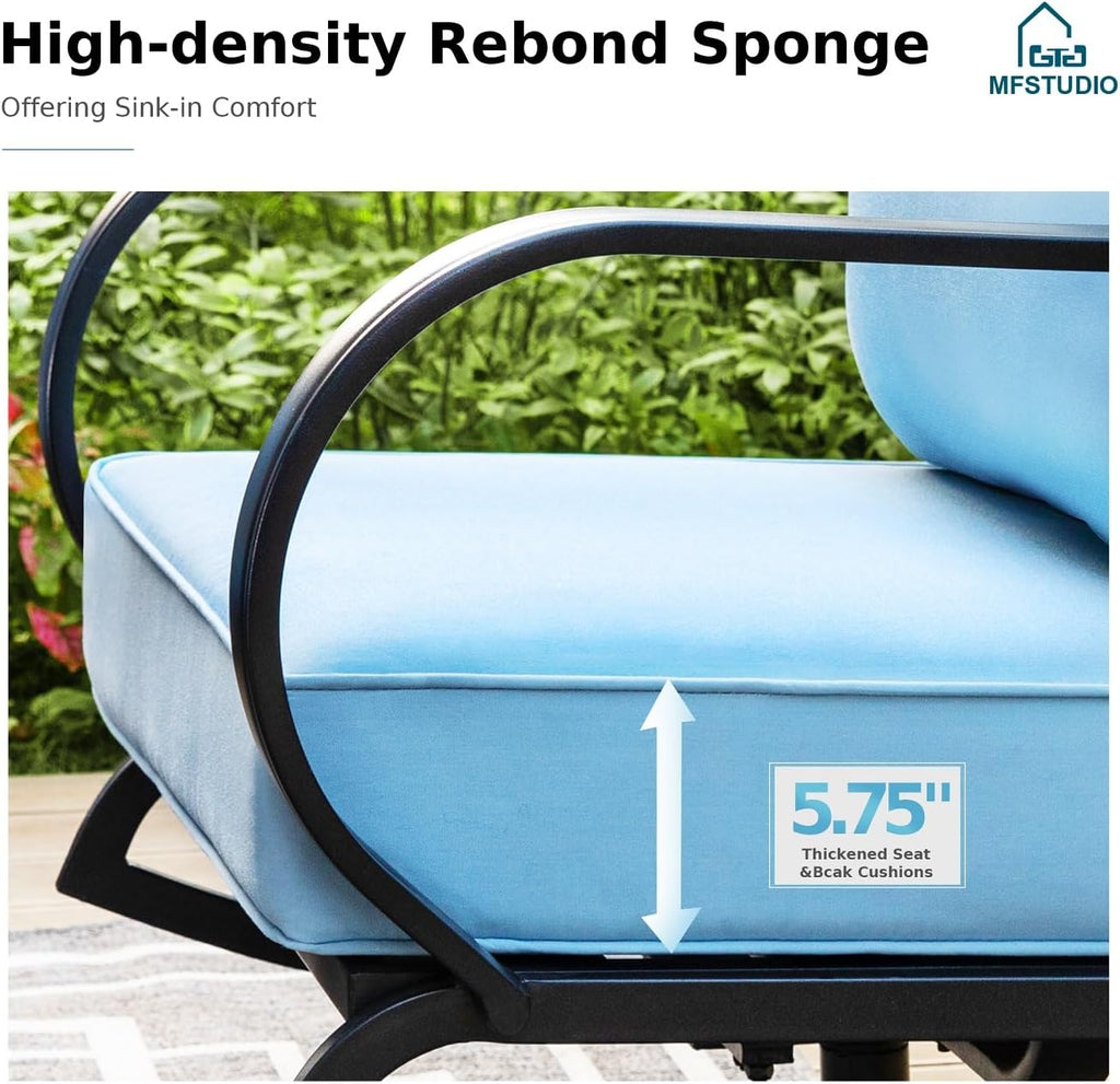 MFSTUDIO 8 Pieces Patio Furniture Sets with 45' Gas Fire Pit Table(Up to 9 Seat),Outdoor Metal Conversation Sofas with 1 x 3-Seat Sofa, 2 Single Chairs,2 Rocking Chairs and 2 Ottoman,Blue Cushion