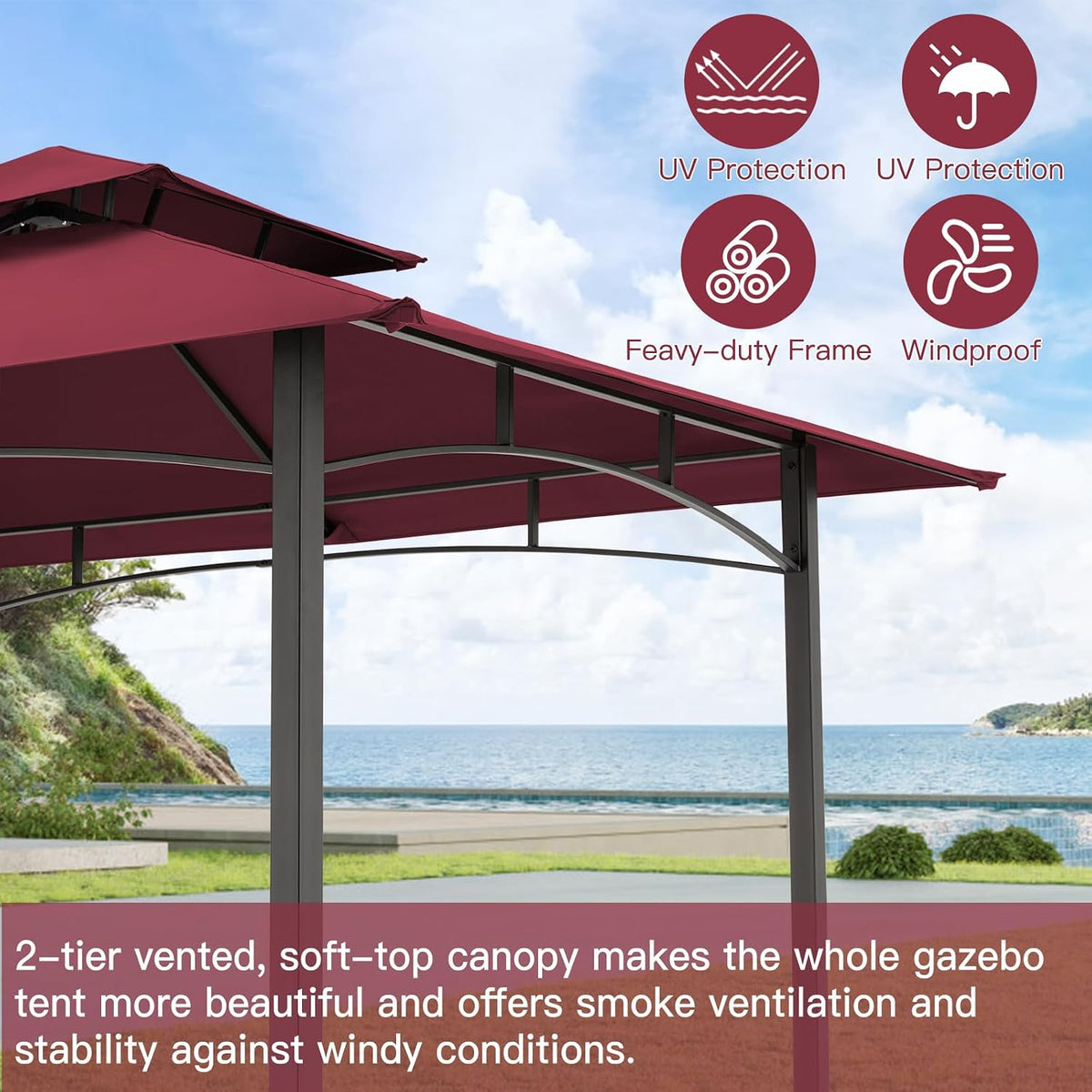AECOJOY 8' x 5' Grill Gazebo, Grill Canopy for Outdoor Grill, 2- Tier BBQ Gazebo Shelter for Patio, Backyard and More (Wine Red)