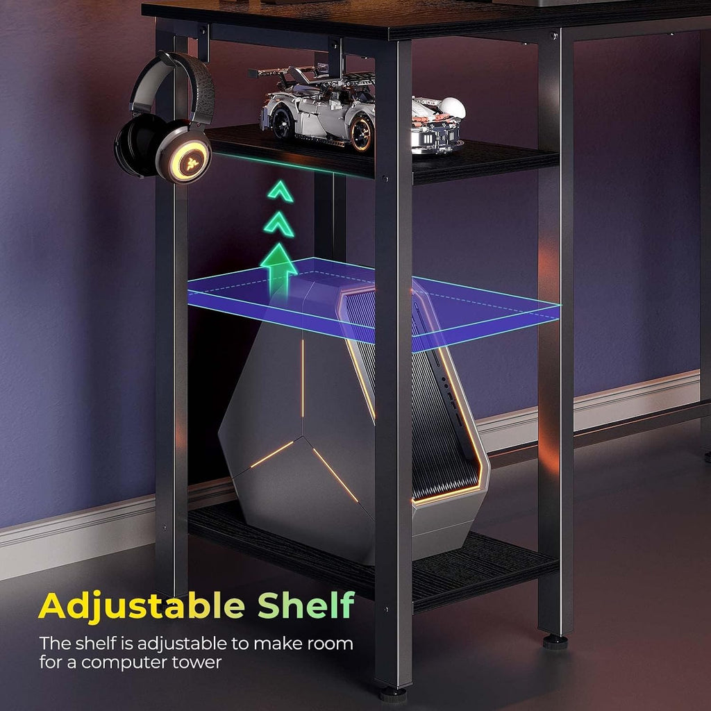 Rolanstar L Shaped Gaming Desk with LED Lights & Power Outlets, 53' Computer Desk with Full Monitor Stand & Storage Shelf, Corner Desk with Hooks, Carbon Fiber Desk Reversible