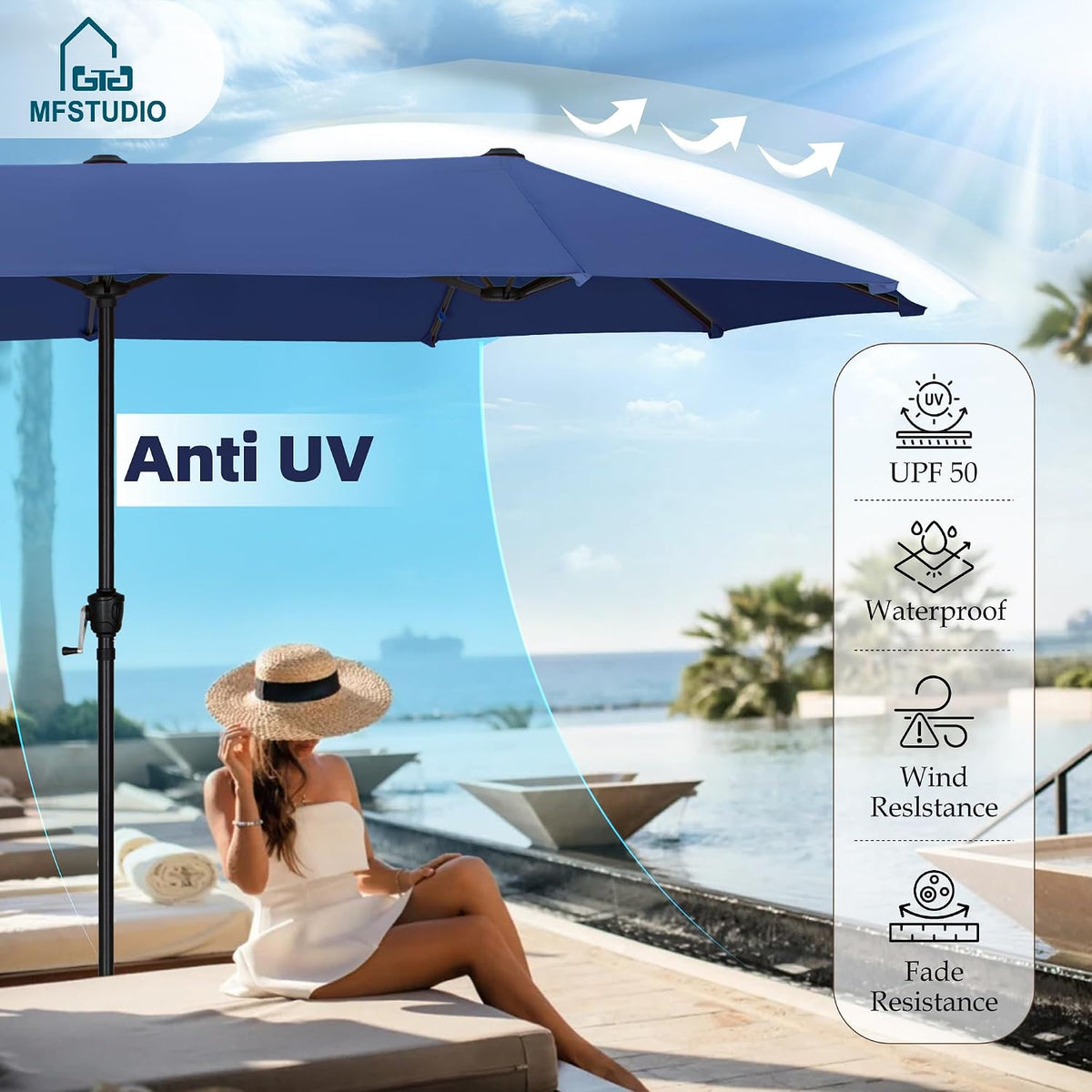 MFSTUDIO Outdoor Dining Set for 6, Patio Furniture Set with Blue Umbrella (Base not Included), Outdoor Table Chair Umbrella Set for Deck, Backyard, Lawn & Garden