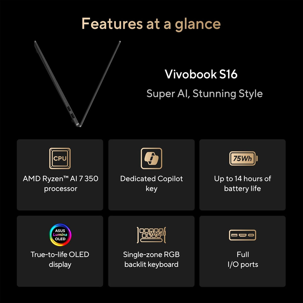 ASUS Vivobook S16 Laptop, Copilot+ PC, AMD Ryzen AI 7 350 with XDNA NPU, 16GB Memory, 1TB SSD, Neutral Black, M5606KA-DS76