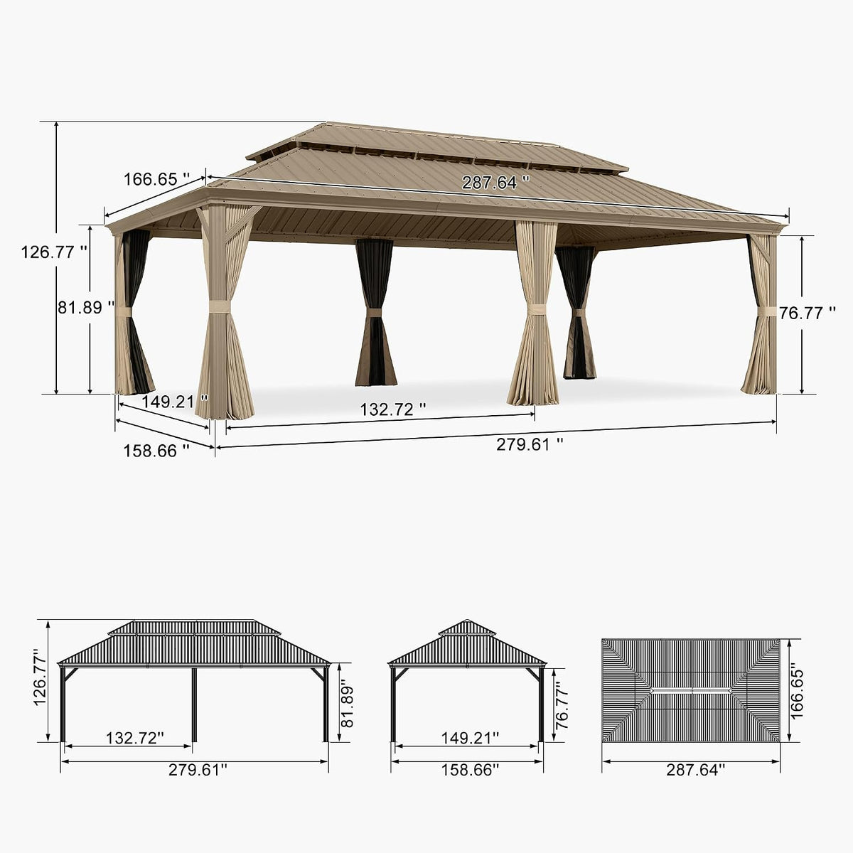 PURPLE LEAF Outdoor Gazebo 14'X24'，Champagne Hardtop Gazebo with Galvanized Steel Double Roof, Permanent Patio Gazebo with Curtains and Netting for Patio Lawn Garden and Deck