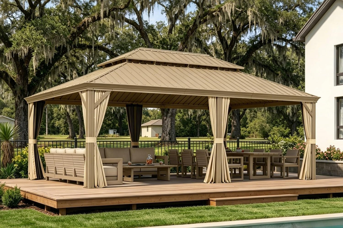PURPLE LEAF Outdoor Gazebo 14'X20'，Champagne Hardtop Gazebo with Galvanized Steel Double Roof, Permanent Patio Gazebo with Curtains and Netting for Patio Lawn Garden and Deck