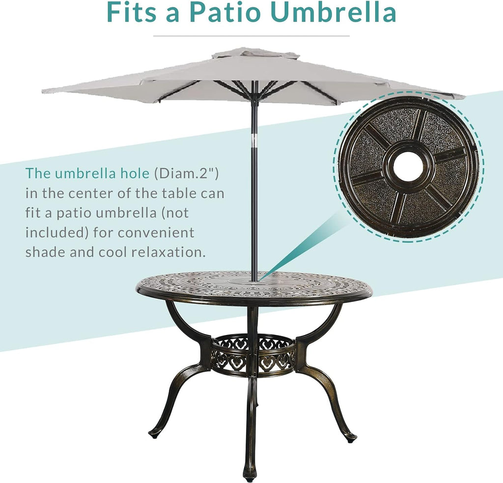 MEETWARM 5-Piece Outdoor Patio Dining Set, All-Weather Cast Aluminum Patio Conversation Set with 4 Cushions Swivel Rocker Chairs for Backyard Garden Deck and 38.5' Round Table, Chili Red