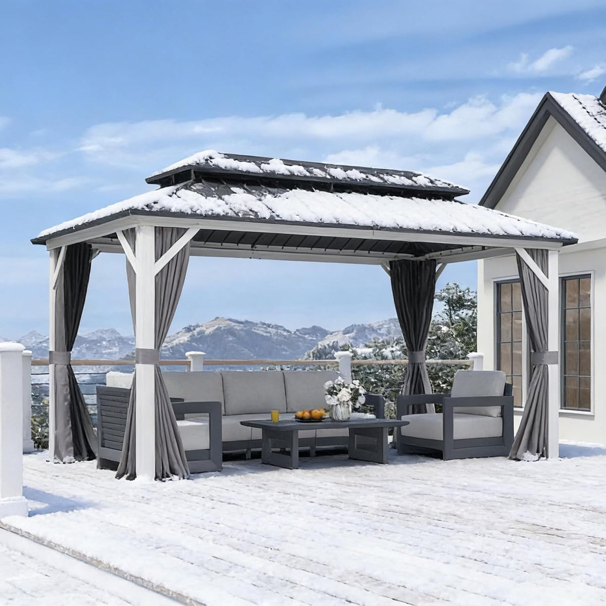 PURPLE LEAF 8' X 14' Hardtop Gazebo Metal Double Roof White Aluminum Frame Outdoor Heavy Duty Gazebo with Curtain and Netting for Patio Garden and Backyard, Grey