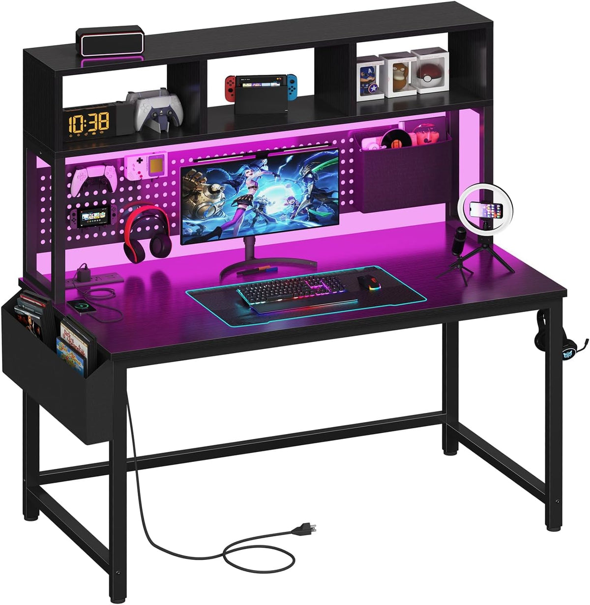 DLisiting Black Gaming Desk with Hutch and Pegboard - 47 Inch Gaming Desk with Shelves Storage Power Outlets, Computer Teen Work Study Writing Desks for Bedroom Home Office