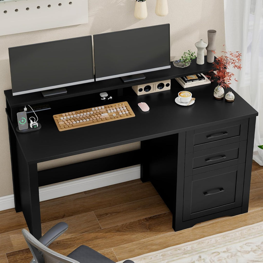 Vabches 47' Farmhouse Executive Desk with Monitor Stand & File Cabinet,3 Drawers Computer Desk with LED Lights and Power Outlets,Workstation for Home Office, Study,Writing.Pure Black