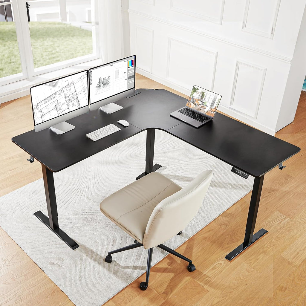 HUANUO Electric L Shaped Standing Desk, 63' x 63' Height Adjustable Corner Standing Desk with Built-in Power Outlets & Power Strip Holder, Sit Stand Up Table with 4 Preset Heights, Black