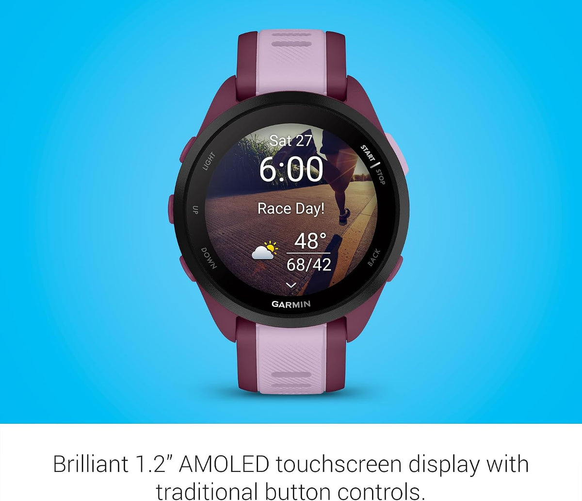 Garmin Forerunner 165 Music, Running Smartwatch, Colorful AMOLED Display, Training Metrics and Recovery Insights, Music on Your Wrist, Berry (Renewed)