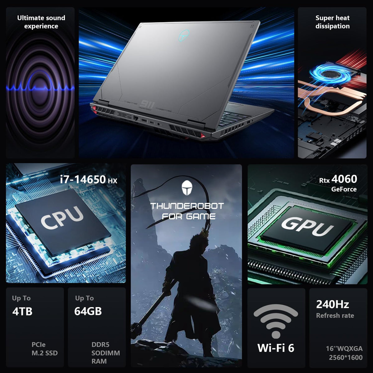 Thunderobot Radiant 16 4060 2.5K Gaming Laptop, 16' WQXGA 240Hz Display, 14th Gen i7-14650HX, GeForce RTX 4060, 32GB DDR5 RAM, 1TB PCIe SSD, RGB Backlit Keyboard, Wi-Fi 6, Win 11, Gray